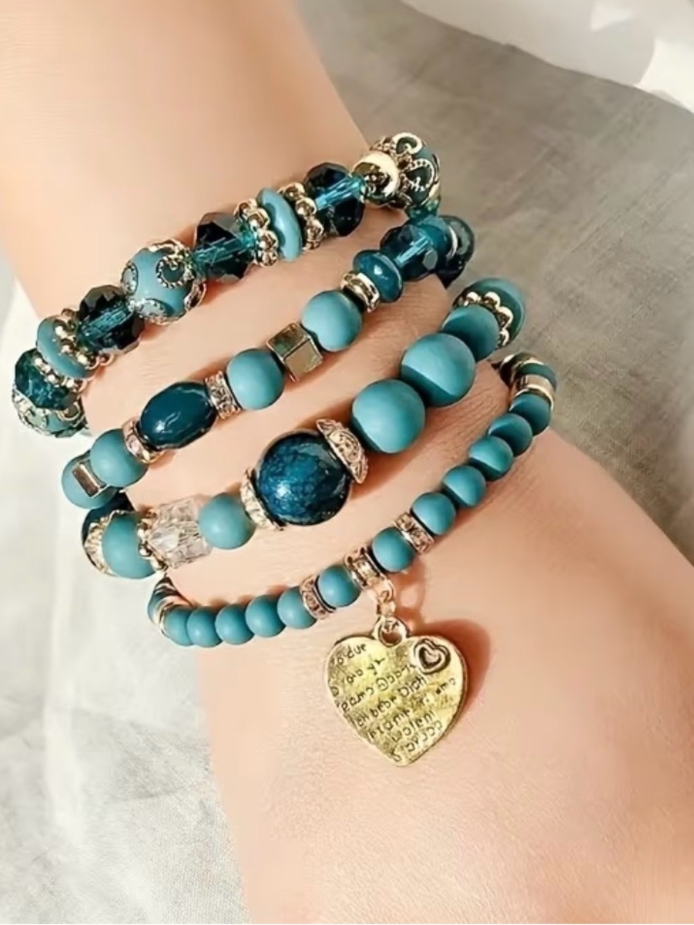 4pcs Beaded Heart Charm Bracelet Stack -green